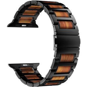  iiteeology Compatible with Apple Watch Band, Natural Wooden Steel Link Bracelet for iWatch Ultra 3/ Ultra 2/ Series 1-11 49mm 46mm 45mm 44mm 42mm - Black