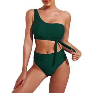 Pink Queen Women's One Shoulder High Waisted Bikini Set Two Piece Tie Ruched Swimsuit (Large, Dark Green)