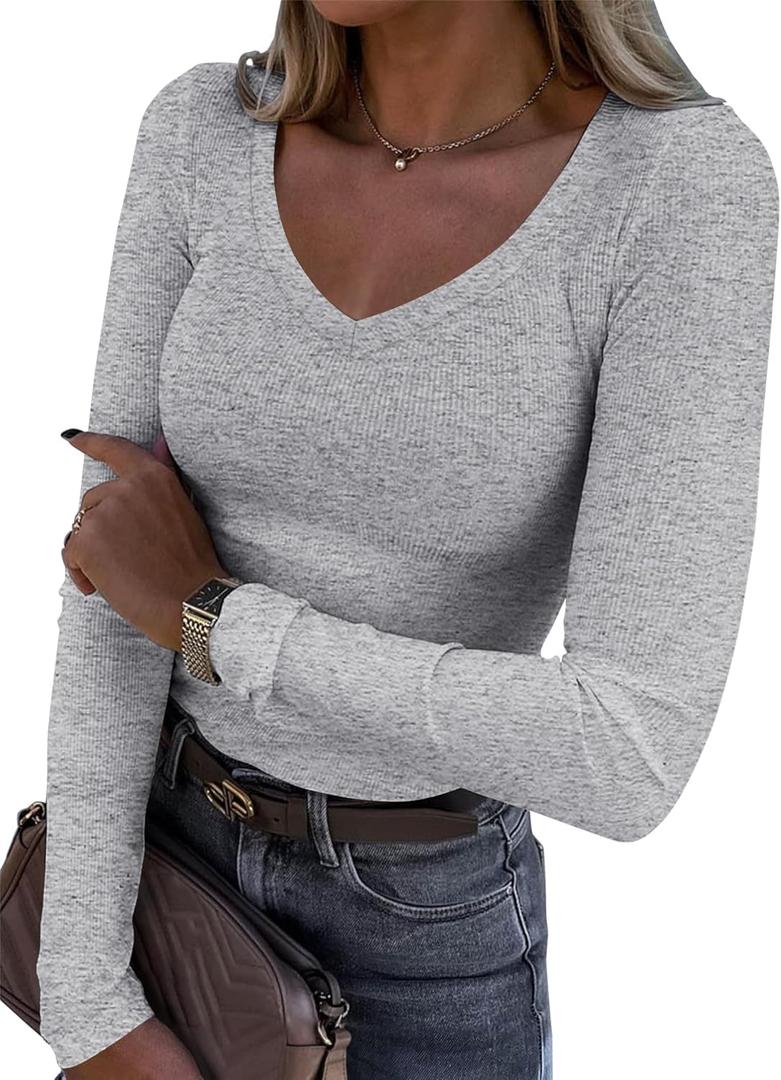 Roselux Womens Long Sleeve V Neck Ribbed Knit Fitted Casual Tops Tee Slim Basic Shirt (Small, Grey)