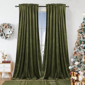 Olive Green Velvet Curtains for Bedroom Window, Super Soft Vintage Luxury Heavy Drapes, Room Darkening Rod Pocket Curtain for Living Room, W52 by L84 inches, 2 Panels