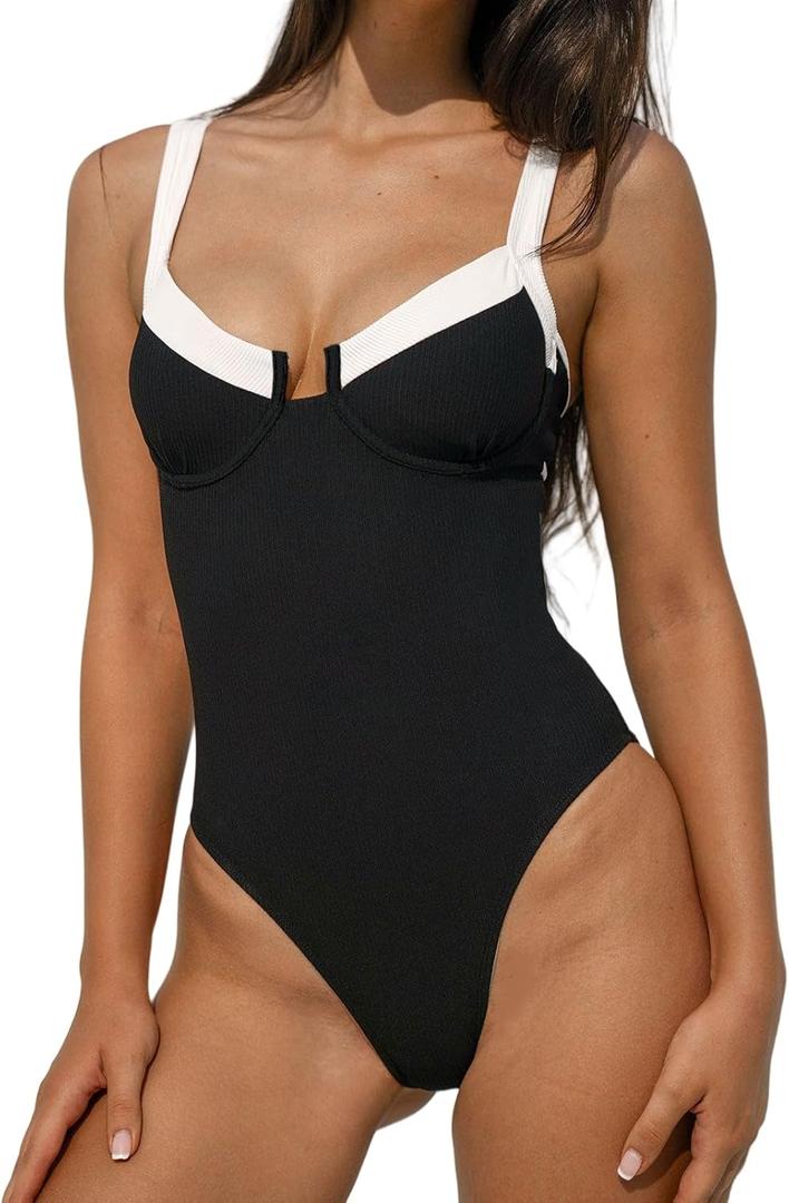 BERLOOK One Piece Swimsuit Women Tummy Control Ribbed Retro Bathing Suits Contrast Trim Knotted Sexy Slimming Swimwear (Medium, Black)