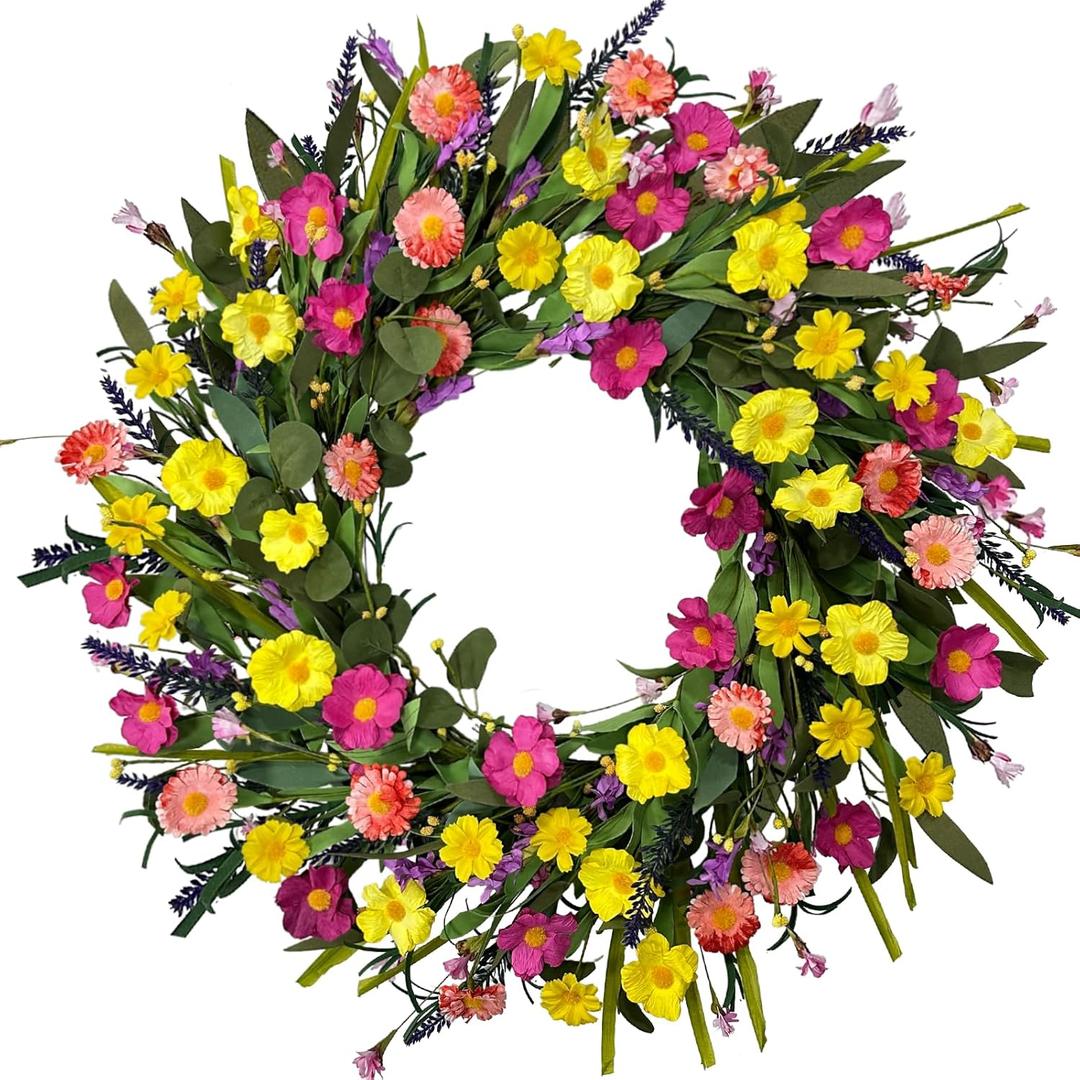 24 Inch Handmade Flower Wreath for Front Door, Spring Summer Wreath with Yellow Pink Purple Daisies,Lavender, Farmhouse Floral Wreaths with Eucalyptus Leaves for Indoor Outdoor Porch Home Decor