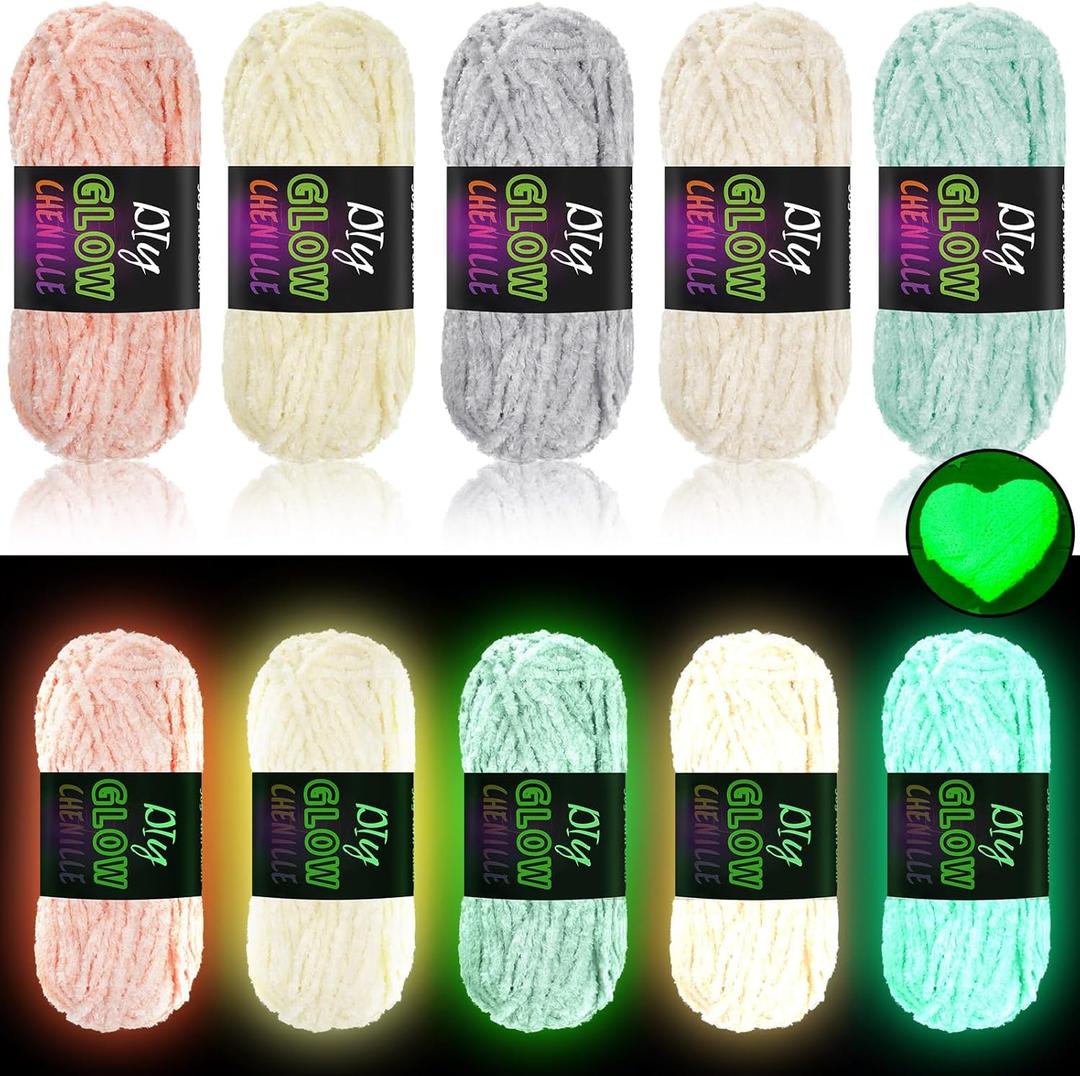 5 Rolls Glow in The Dark Chenille Yarn Luminous Crochet Fancy Fun Yarn Glow Sewing Craft for DIY Arts Winter Christmas Knitting Crocheting Supplies 76.5 Yard Per Roll(Vibrant Colors)