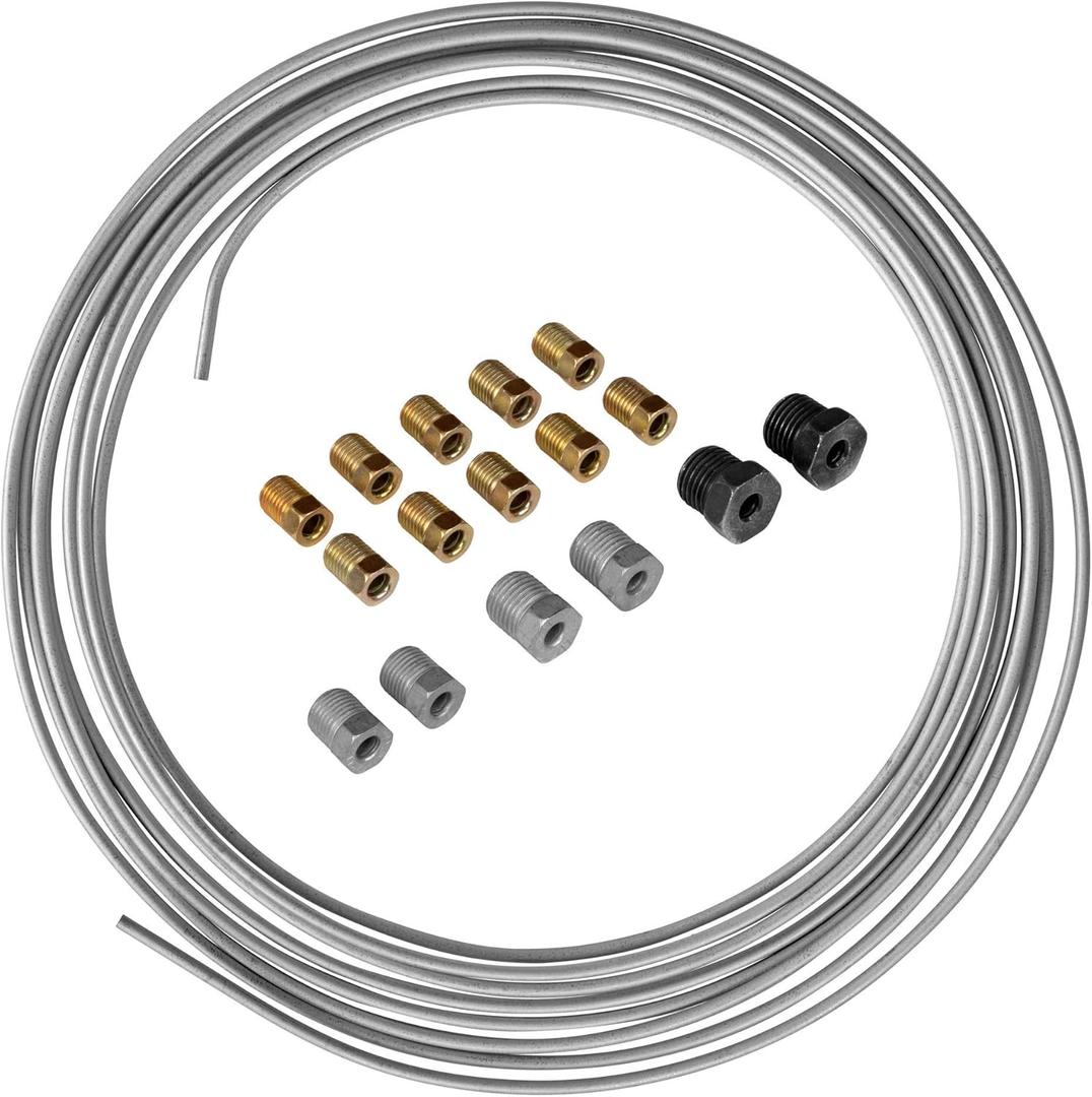 4LIFETIME Galvanized Steel Brake Line Kit - 3/16" x 25ft Replacement Set - Professional Grade OE Steel Tube, Corrosion-Resistant, Flexible 3/16 Brake Line  Comes with 16 Fittings for Easy Install