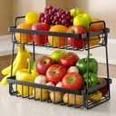 Sakugi Fruit Basket for Kitchen Counter - 2-Tier Fruit Bowl with Removable Banana Hanger & Handles, Rustproof Fruit Holder for Kitchen, Living Room, Bathroom, 13.4"8.7"11.7", Black
