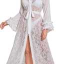 OYOANGLE Women's Long Lace Nightgown Appliques Sheer Mesh Bride Bridesmaids Wedding Kimono Robe White Medium