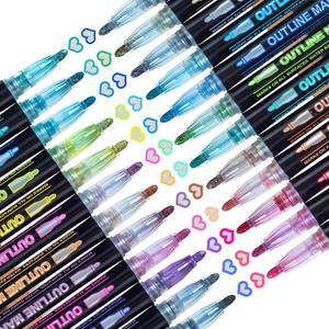 Glitter Markers Outline Pens Metallic: 24 Double Line Outline Markers,Self Outlining Glitter Pens Adult Coloring Gel Sparkle Outliner Shimmer,Teen Gifts Drawing Art Supplies Craft Cool Fun Magic Stuff