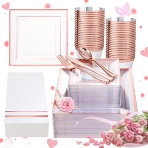 Festiva 350Pcs Rose Gold Plastic Plates - Clear Rose Gold Disposable Dinnerware Sets for 50Guests include 100 Plates 50 Cups 50Plastic Cutlery 50Napkins for Party&Wedding& Mother's Day