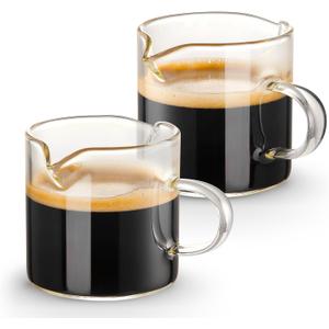 Espresso Cups Set of 2, 4 OZ Double Spouts Cups, Shot Glasses, Milk Cup with Handle, Clear Glass, Espresso Accessories for Machine, Small