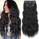 KooKaStyle Clip in Synthetic Hair Extensions Long Wavy 4PCS Thick Hairpieces Black Fiber Double Weft Natural Hair Extensions 24 Inch for Women