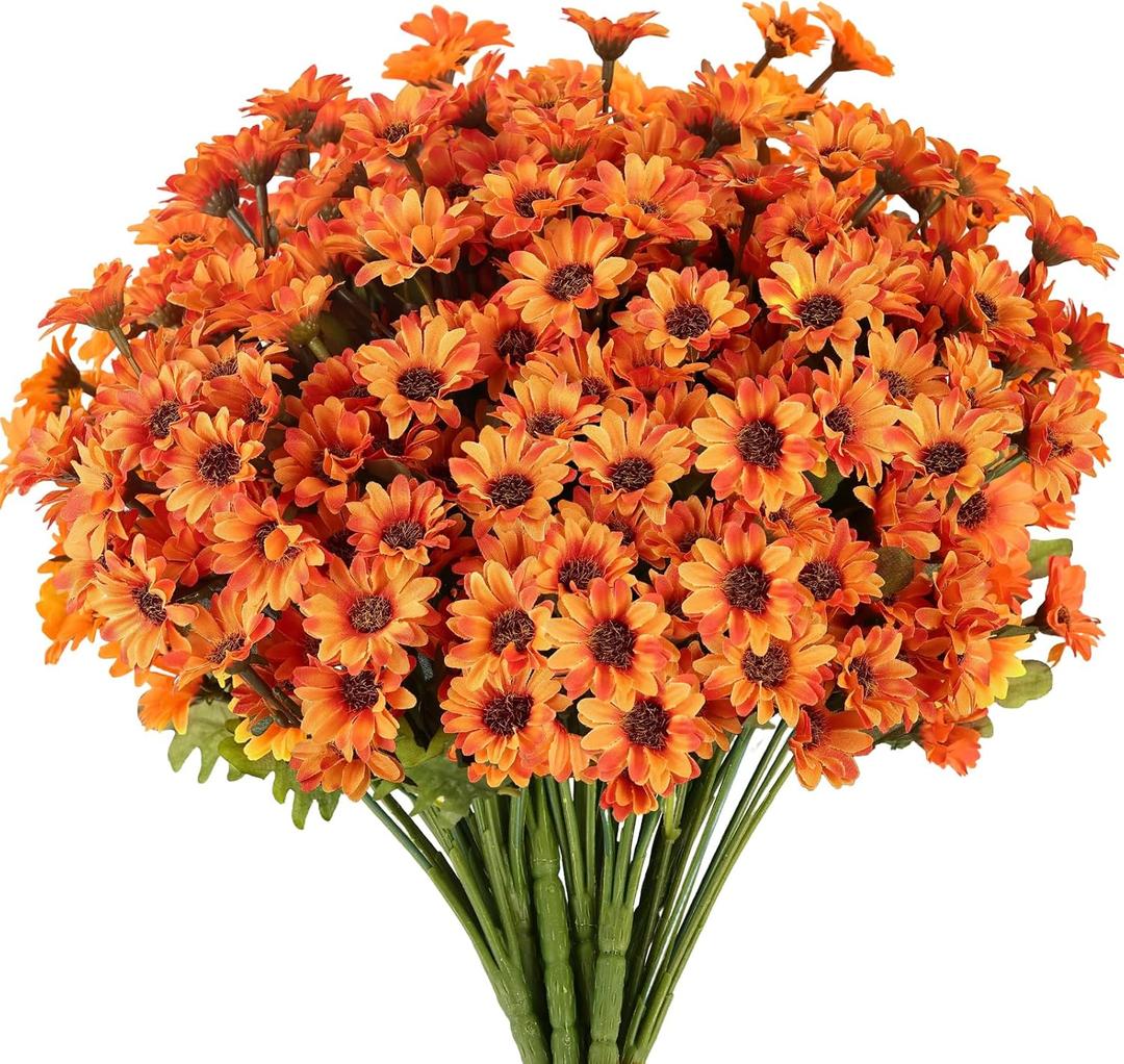 8 Bundles Artificial Orange Faux Flowers for Outdoor Planters Bulk Fake Mums Plastic Fall Daisy Floral for Home Decor Garden Outdoors Porch Pots Window Box Wedding Decorations (Orange)