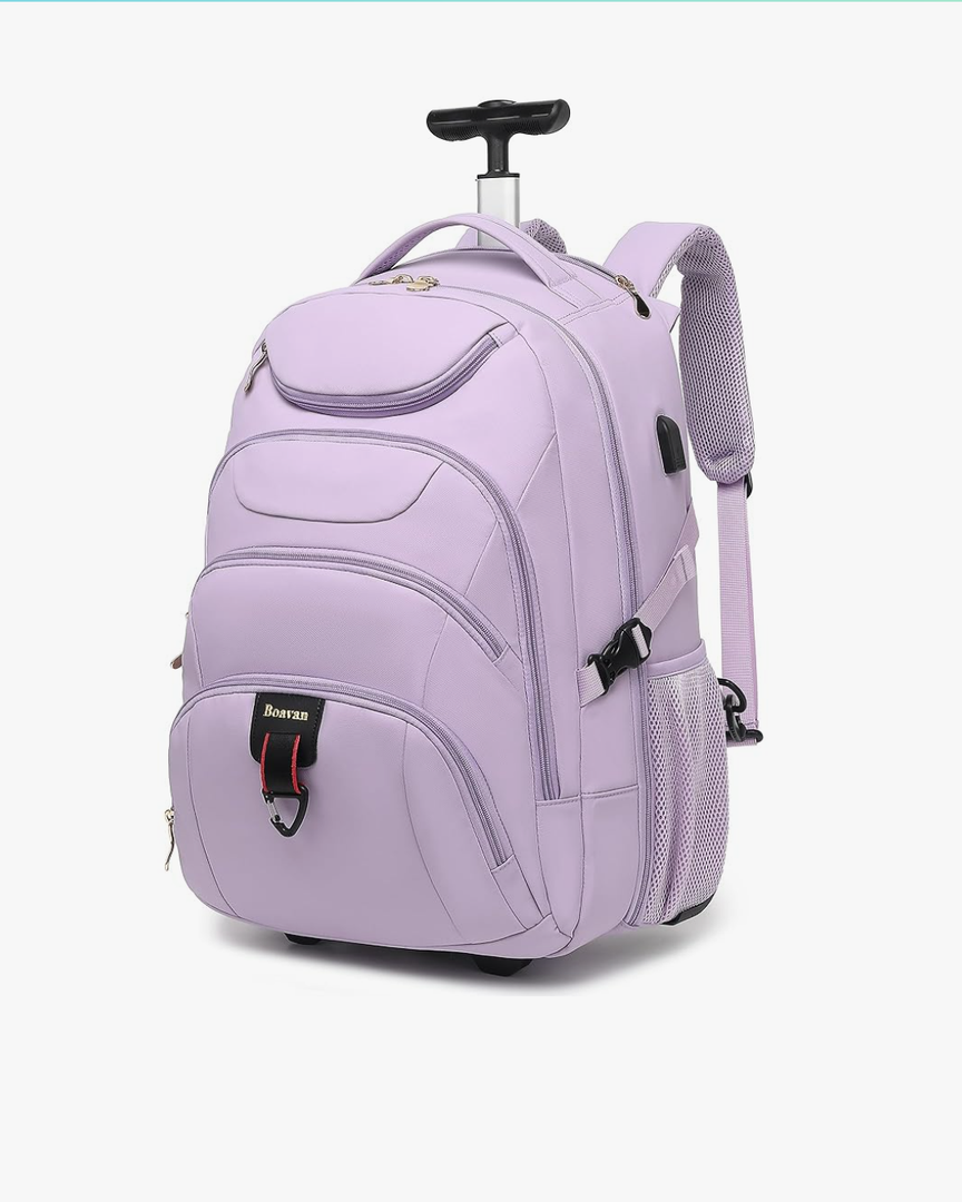 Boavan Rolling Backpack for Women, 17.3 Inch Wheeled Laptop Backpack,Large Travel CarryOn Bag for Teachers College Students, USB Charging Port Waterproof Business for Airplane Overnight Luggage，Purple