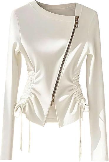 SOLY HUX Women's Zip Up T Shirt Asymmetrical Neck Long Sleeve Drawstring Tee Slim Fitted Tops Fall Clothes Pure White Small