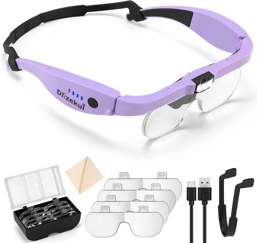 Magnifying Glass with Light 1.5X to 5.0X, Rechargeable Magnifying Glasses Head Magnifier, Lighted Magnify Glass with 4 Detachable Lenses, Magnifier Headset for Close Work Hobbies Jewelry (Purple)