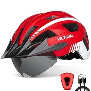VICTGOAL Bike Helmet with USB Rechargeable Rear Light Detachable Magnetic Goggles Removable Sun Visor Mountain & Road Bicycle Helmets for Men Women Adult Cycling Helmets (L: 57-61 cm, Red)