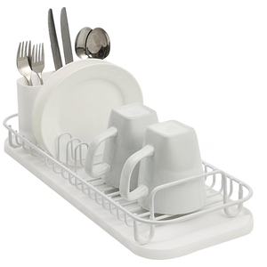 Small Dish Drying Rack, Compact Dish Rack for Kitchen Counter, Stainless Steel Dish Drainer, Dish Strainer with Cutlery Holder, White