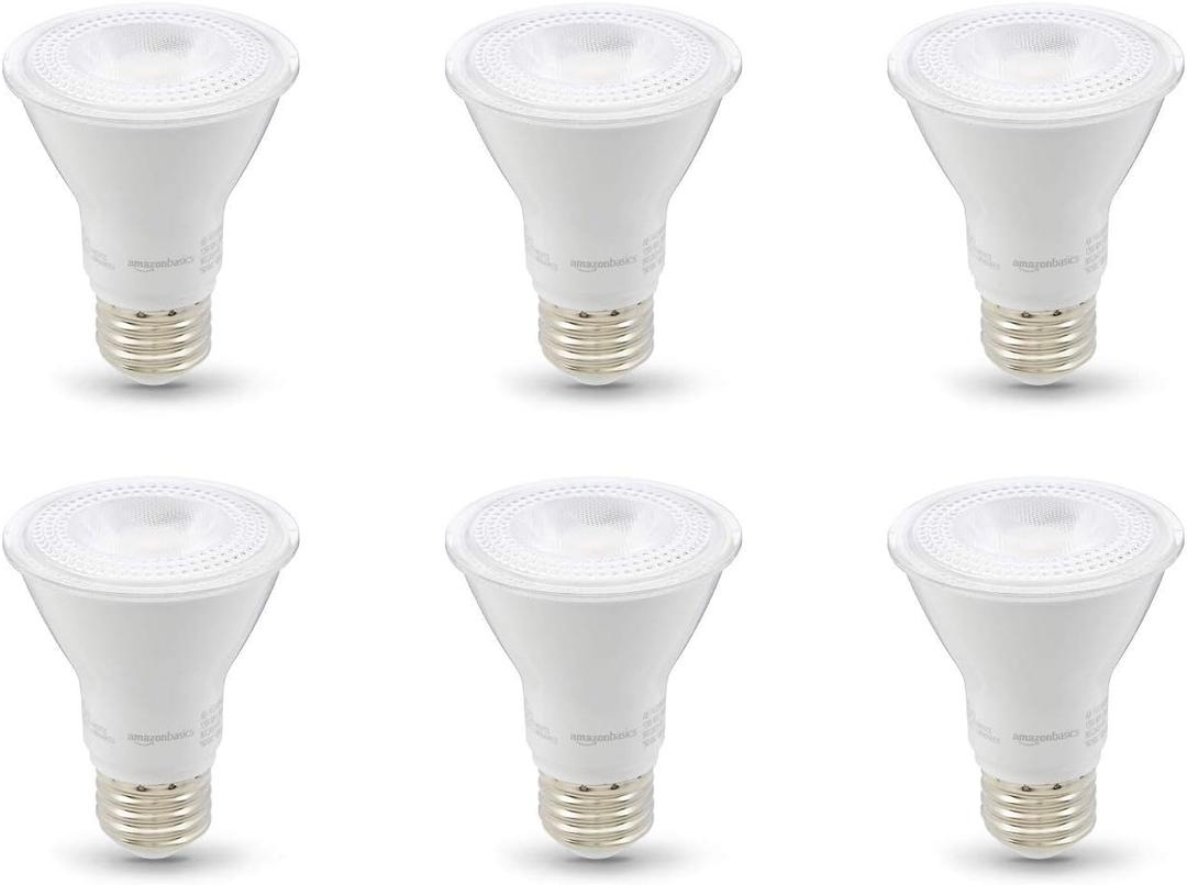Amazon Basics PAR20 LED Light Bulb, 50W Equivalent, 7W Energy Efficient, E26 Standard Base, Warm White 3000K, Dimmable, 10,000 Hour Lifetime, 6-Pack