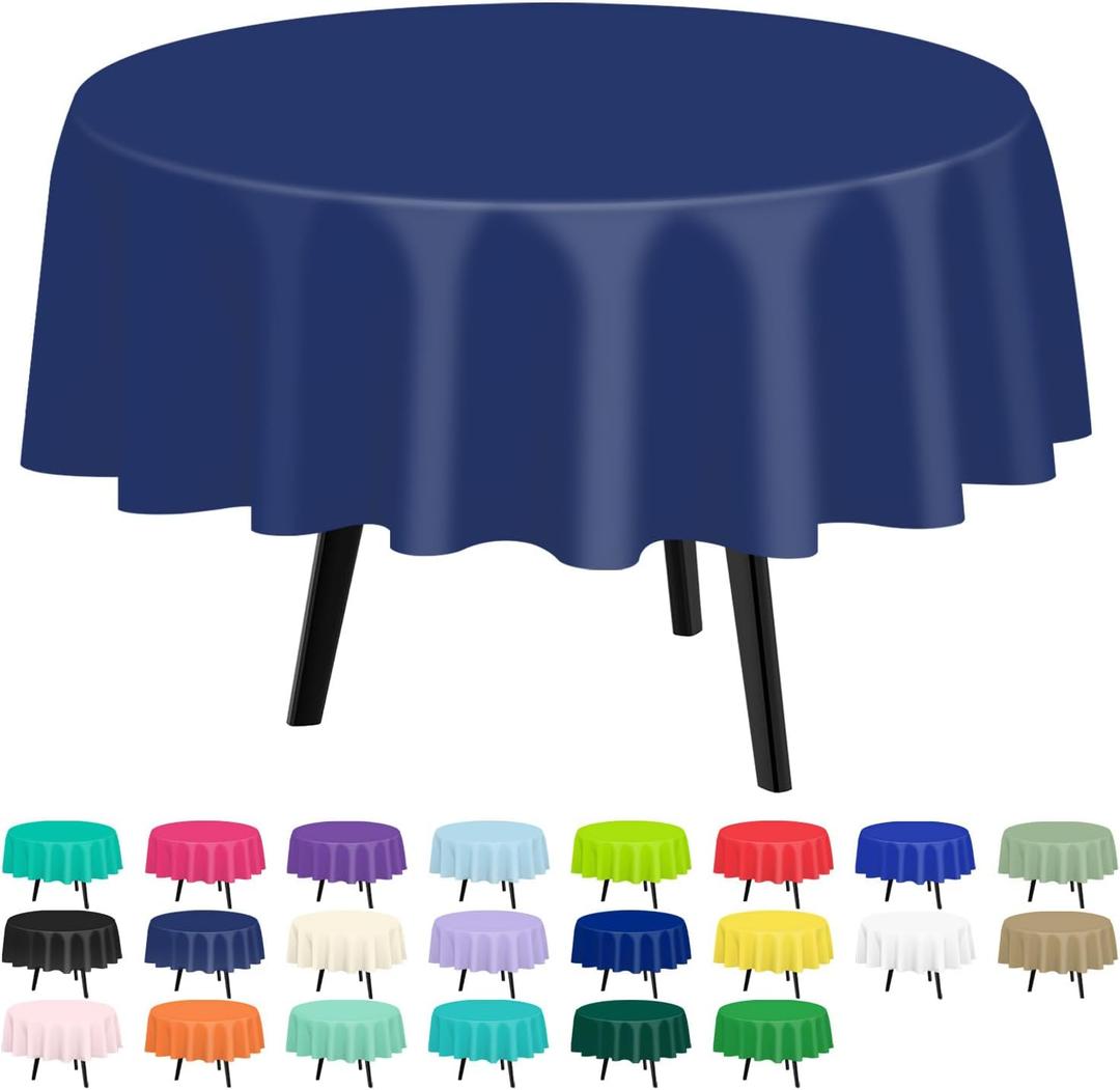 QIKSION Navy Blue Round Tablecloth 3 Pack, 84 Inch Plastic Table Cover Disposable for Parties