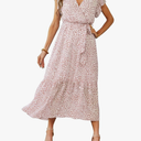 Women's Summer Floral Boho Maxi Dress Wrap Short Sleeve V Neck Ruffle A-Line Flowy Wedding Guest Long Dresses