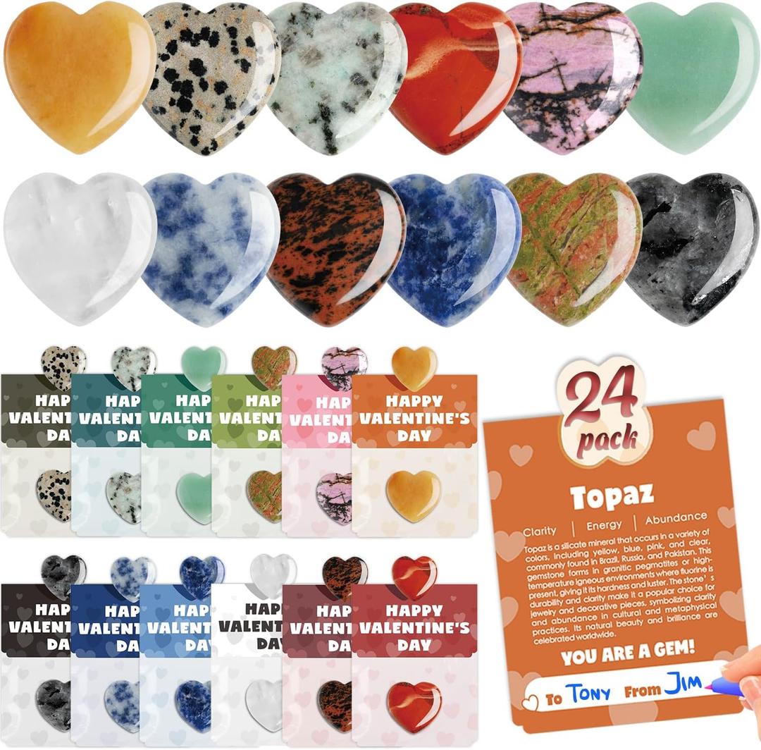 24 Pack Valentine’s Day Gifts for Kids, Valentine’s Day Cards with HeartShaped Crystal Gemstones for School Classroom Exchange, Valentine Party Favors&Goody Bag Fillers for Girls and Boys Ages 4–12