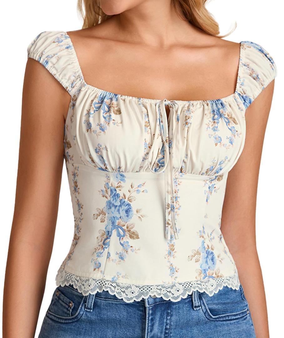 KUTUMAI Floral Lace Corset Top Y2k Square Neck Smocked Bustier Going Out Tie Cute Crop Tops for Women Summer BlueFloral L (Blue, L)