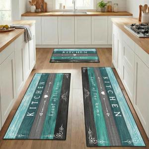 Turquoise Teal Grey Kitchen Rugs Sets of 3, Non Slip Washable Farmhouse Kitchen Mats for Floor, Wooden Vintage Rustic Area Runner Rug for Laundry Room and Hallway