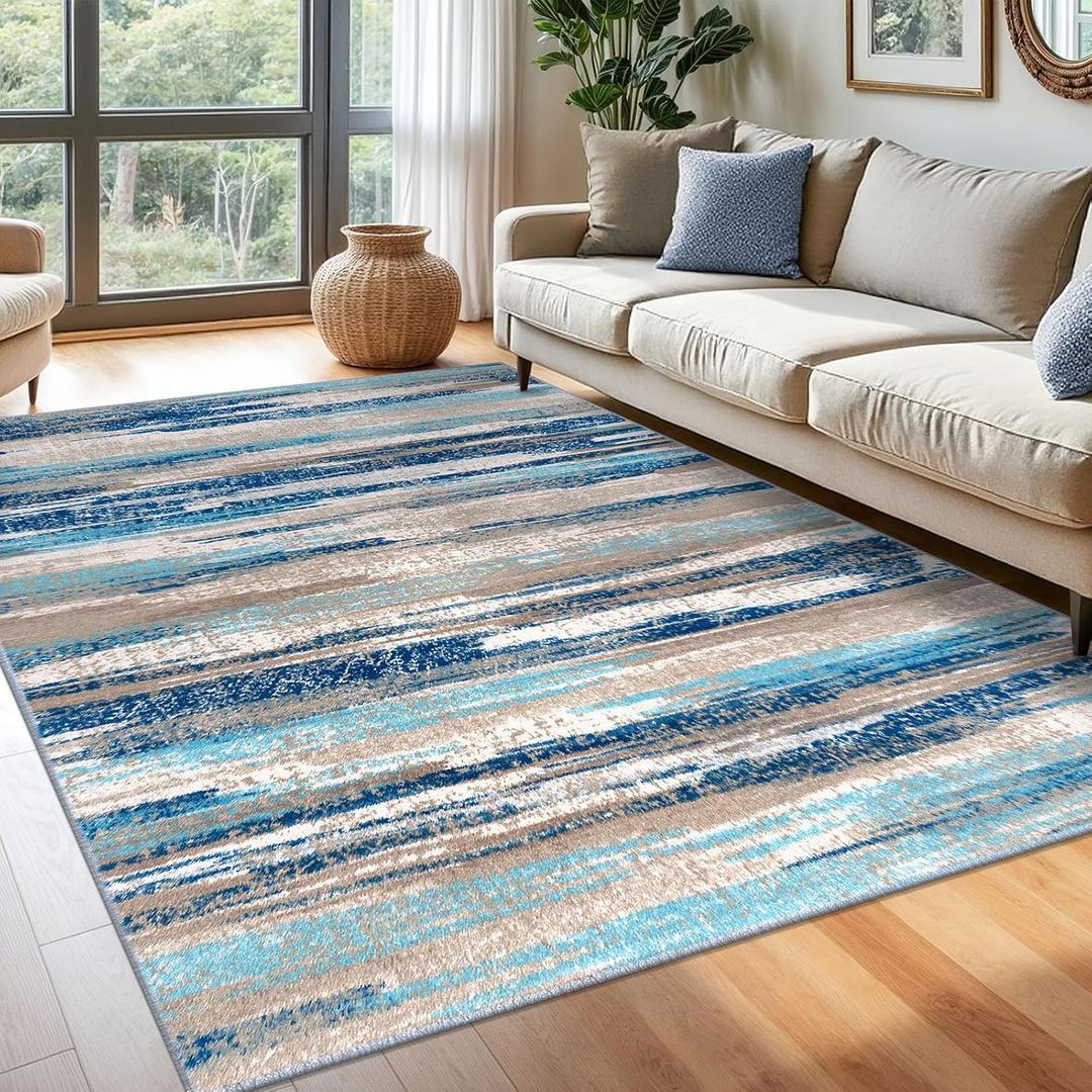 Lansny Modern Abstract 6x9 Machine Washable Living Room Rug Non-Slip Soft Bedroom Area Rug Blue Ultra Thin Print Faux Wool Floor Carpet Throw Rugs for Nursery Playroom Dining Room Indoor Office (Blue Aqua/Beige Taupe Multi)