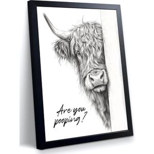 Funny Highland Cow Bathroom Wall Art,Black and White Rustic Farmhouse Wall Decor with Humorous Are You Pooping Canvas Print, Cute Animal Art for Restroom, Bathroom poster Black Wooden Frame 10x8 Inch