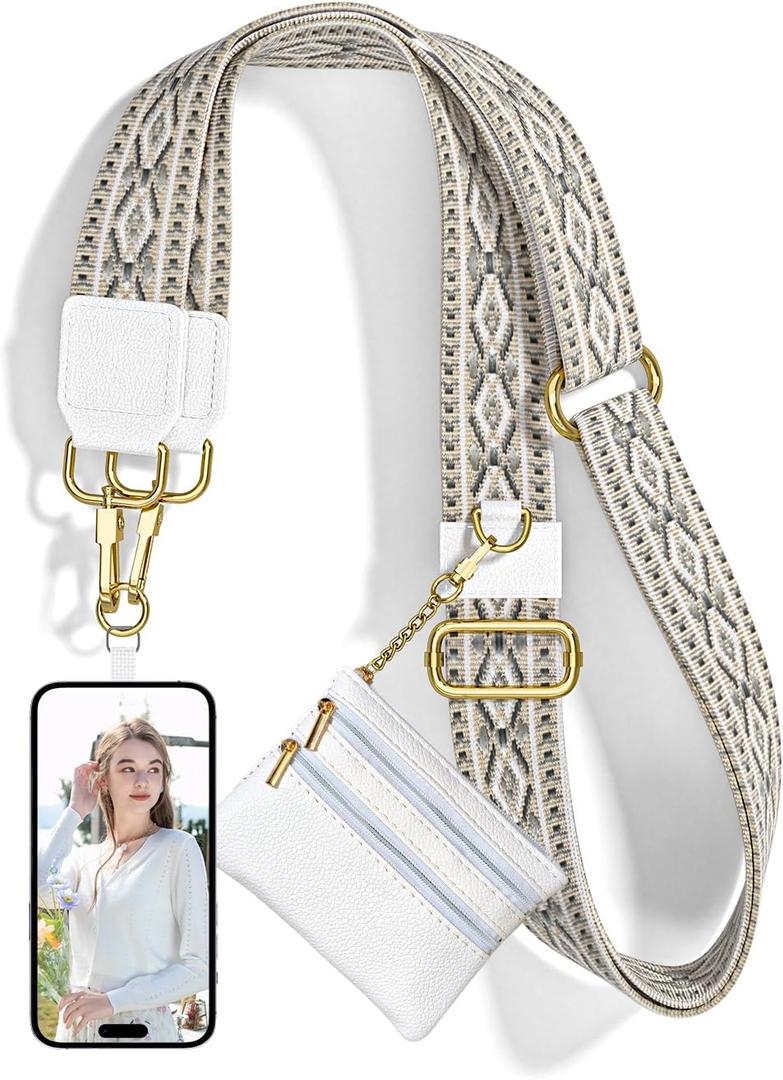 Nipichsha Crossbody Phone Strap with Wallet, Clip and Go Strap for Phone with Wallet, Adjustable Crossbody Cell Belt with Zippered Pouch, Neck Shoulder Cell Lanyard for Women, Retro Geometry