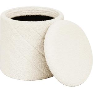 Round Ottoman with Storage, Boucle Foot Rest Stool with Reversible Tray Lid, Folding Teddy Ottoman Coffee Table for Dorm Living Room Bedroom Entryway, White,13" x 13" x 13.8"