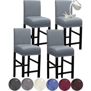 HFCNMY Bar Stool Covers,4 Pack Stretch Waterproof PU Bar Stool Covers with Backs Bar Stool Chair Covers Barstool Covers Slipcovers with Back Pub Counter Stool Chair Covers with Elastic Bands Gray (Grey)