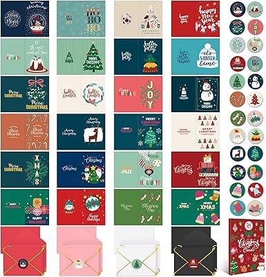 KONVINIT Christmas Cards Boxed with Envelopes, 24 Pack Assorted Christmas Cards with 24 Envelopes & Stickers - 4'' x 6'' - Bulk Greeting and New Years Cards for Sharing Warm Wishes