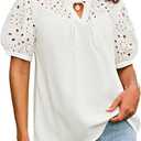 Dressy Tops for Women V Neck Puff Sleeve Hollow Out Eyelet Embroidered Shirts Business Blouse White XL
