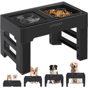 URPOWER 2-in-1 Elevated Slow Feeder Dog Bowls with No-Spill Water Bowl, 4 Height-Adjustable Raised Dog Bowls, Non-Slip Food and Water Bowls with Stand for Small, Medium, Large Dogs, Cats and Pets (Black)