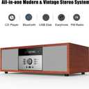 Nostalgic Bluetooth Stereo System for Home, WISCENT Vintage Micro HiFi Systems CD Player,with Bluetooth Audio Streaming,FM Radio,USB Port,Aux-in,Earphone Port (Brown)