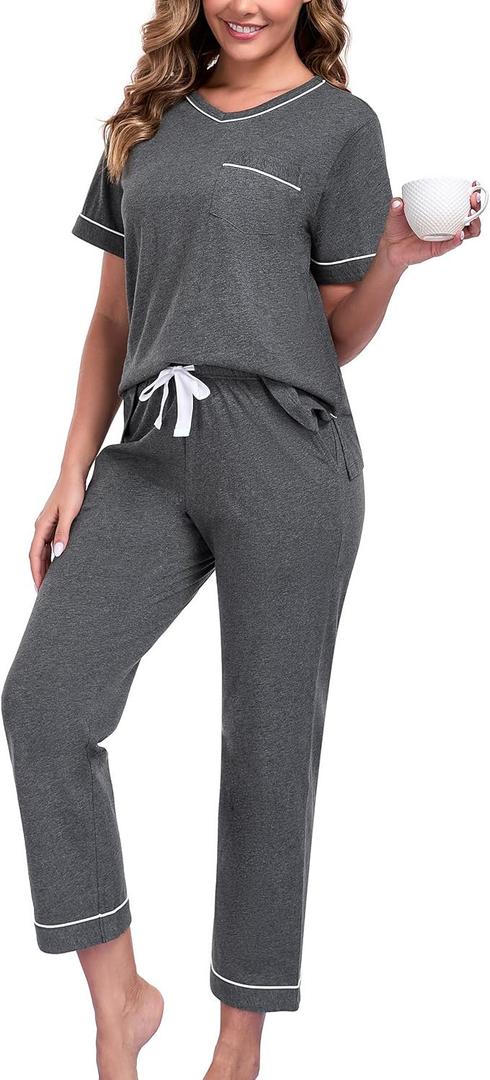 EA'S SECRET 100% Cotton Pajamas for Women Set V Neck Loungewear Pajama Pants Womens Lounge Sets Pjs Sleepwear with Pockets (Large, Deep Grey)