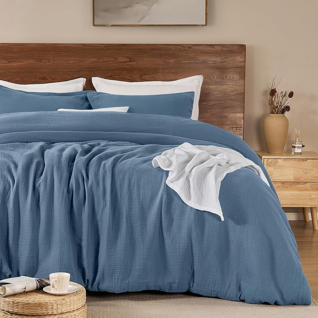 PHF Cotton Muslin Comforter Set Queen Size, Ultra Soft, Breathable & Lightweight All-Season, Filling: 100% Polyester, 3 Pieces with 1 Comforter 90"x90" and 2 Pillow Shams 20"x26", Captain's Blue