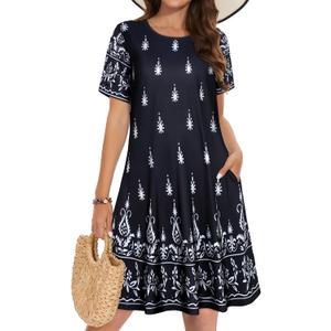 Summer Dresses for Women Casual Tshirt Short Sleeve Floral Sundress Beach Cover Ups with Pockets 2026 (Black, XXL)