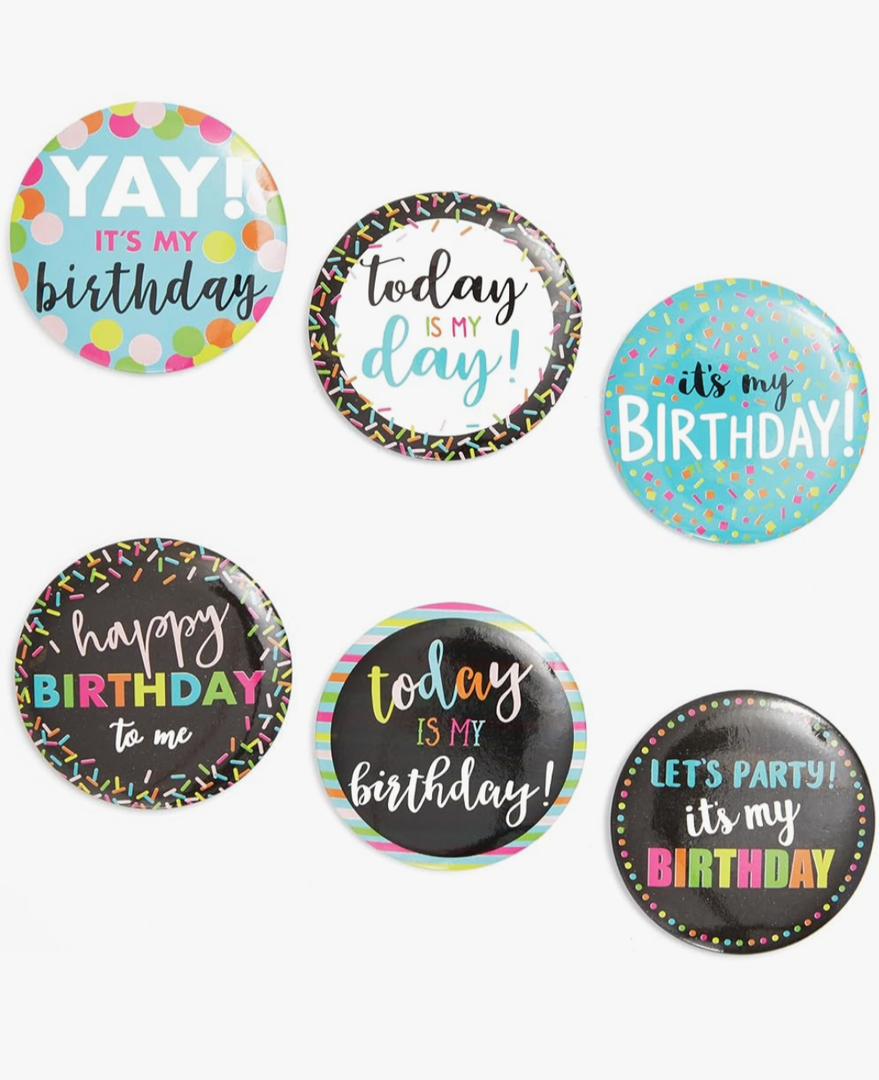 BLUE PANDA Happy Birthday Pinback Party Buttons - Birthday Pins Pack - Celebration Button Set (2.25 Inches, 6 Designs, 24-Pack)