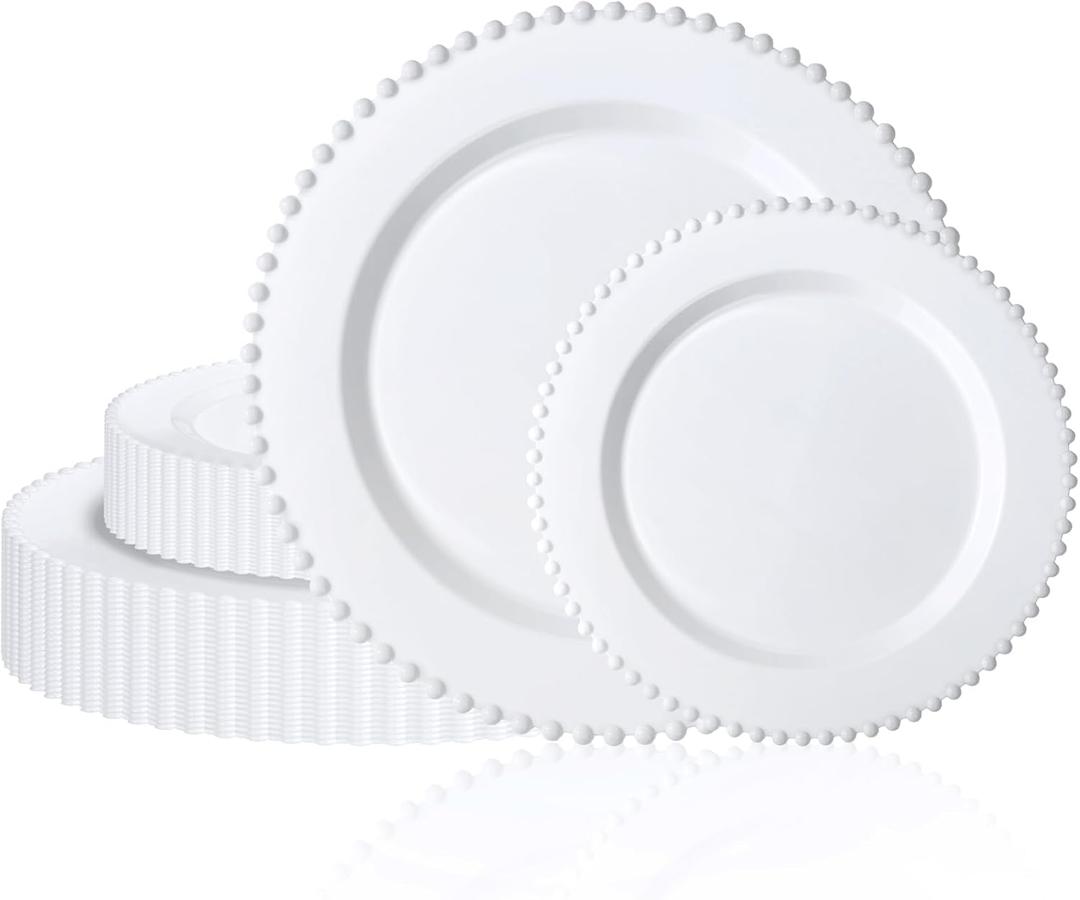 U-QE 60PCS White Plastic Plates - Fancy Beaded Plates Disposable Heavy Duty - Premium Hard Plastic Plate for Party, Wedding & Birthday Including 30 Dinner10 & 30 Dessert Plate 7"