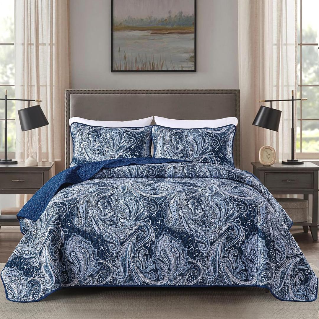 DJY Navy Paisley Quilt Set King Boho Bedspread Coverlet Set 3 Pieces, Soft Lightweight Microfiber Navy Blue Paisley Floral Pattern Bedding for All Season, 110"x90"