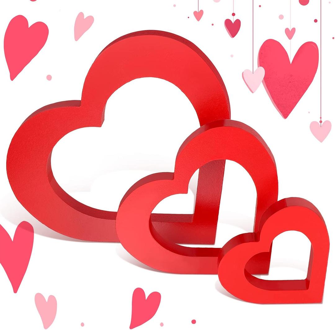 Blulu 3 Pieces Valentine's Day Heart Wooden Sign Heart Shape Table Decoration Love Wood Decor Rustic Valentine Tabletop Centerpiece for Valentine's Day Home Kitchen Bedroom Decor , Red 
