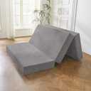 BYBYME Tri-Folding Corduroy Mattress, 6 Inches Gel Folding Mattress Topper, Foldable Soft Guest Bed Camping Pad, Washable Cover (Grey, Twin)