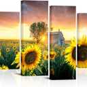 Biuteawal Sunflower Canvas Wall Art Decor 4 Pieces Sunset Landscape Paintings Print Yellow Flower Framed Picture Botanical Field Artwork for Living Room Home Kitchen Bathroom Farmhouse Decorations, 12x24inchx2pcs+12x32inchx2pcs