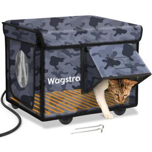 Heated Cat House for Outside, Waterproof Awning & Escape Door Heated Cat Houses for Indoor/Outdoor Cats in Winter, Elevated & Insulated Outdoor Cat Shelter for Feral Cat (Black Camo, 16.5"x12.6"x12.6")
