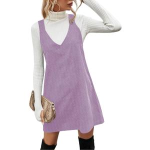 Koinshha Womens Corduroy Pinafore Dress Casual Loose Sleeveless V Neck Fall Overall Mini Dresses