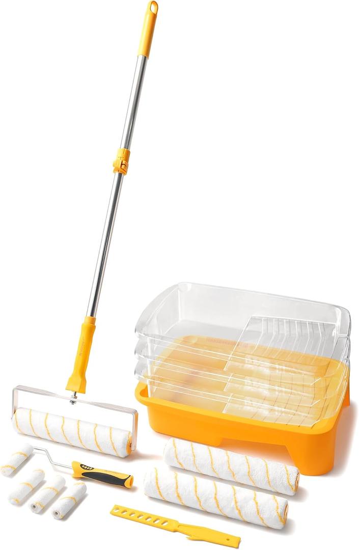 Voomey 12-Inch Paint Roller Kit with Extension Pole, 12 Paint Tray with Liners, Heavy Duty Roller Frame & Long Paint Rollers, Ideal for Walls, Interior & Exterior Painting