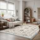 Boho Vintage Floral Area Rug 6x9 Green White, Machine Washable Low Pile Faux Wool Rug, Soft Non-Slip Durable Carpet for Living Room, Bedroom, Office, Entryway
