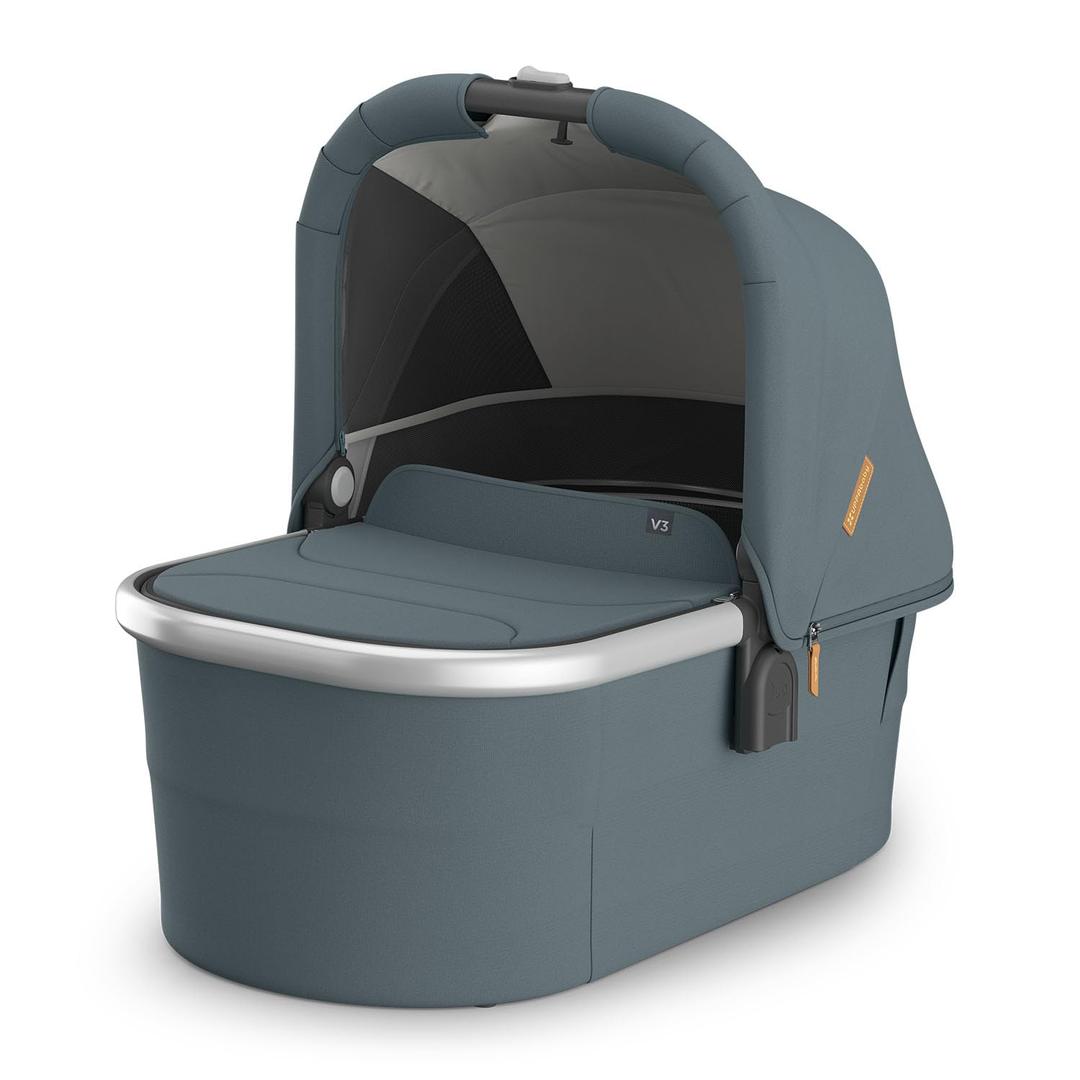 UPPAbaby Bassinet V3 - Compatible with Vista, Cruz, Ridge Strollers - Overnight Sleep Solution - Mattress, Sheet and Bug Shield Included - Callum (Stone Blue/Silver Frame)