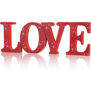 Wood Valentine's Day Table Decorations Freestanding Block Red Cutout Letters with Rhinestone Decor for Valentine's Day Anniversary Wedding Party Favor(Love)